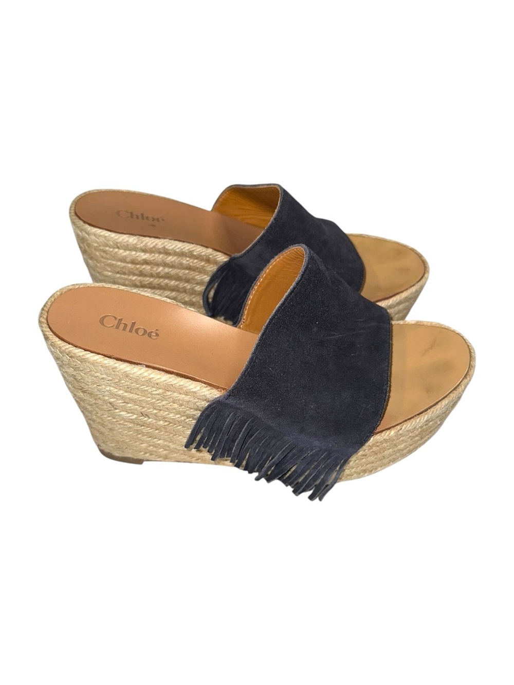 Chloe Estel Navy Suede Fringe Espadrille Wedge Sandals 37